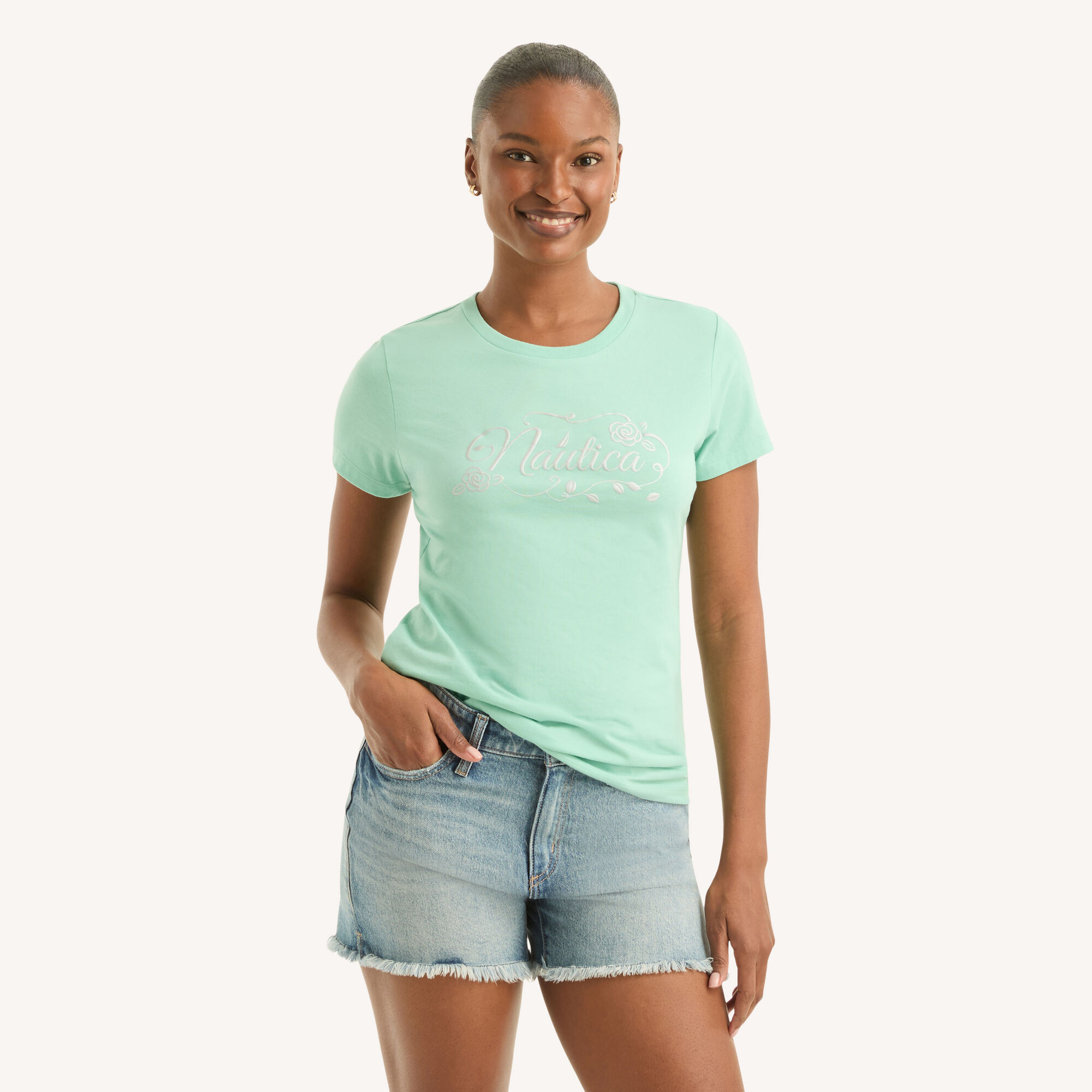 Nautica Women's Script Logo Metallic Puff Graphic T-Shirt 344 (Dusty Neptune), XS