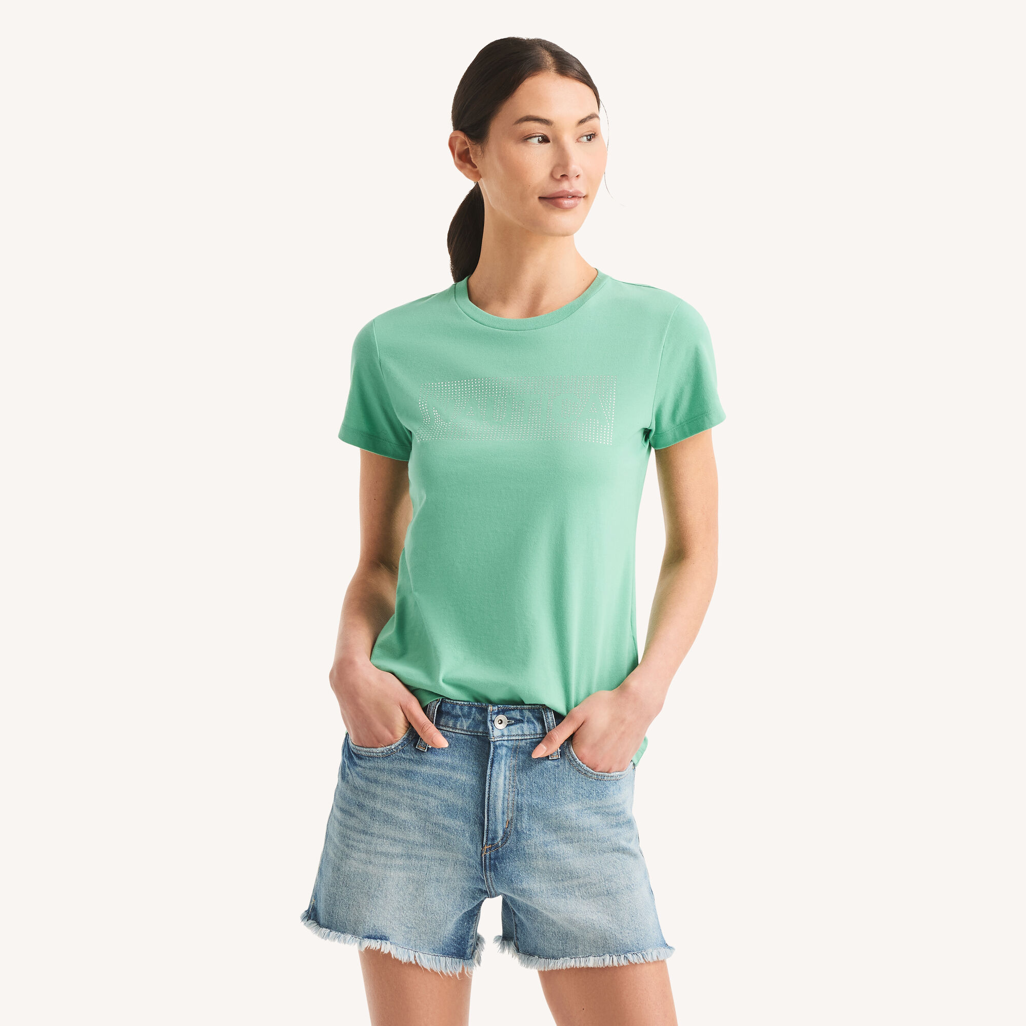 Nautica Women's Rhinestone Logo Graphic T-Shirt 345 (Fin Green), M