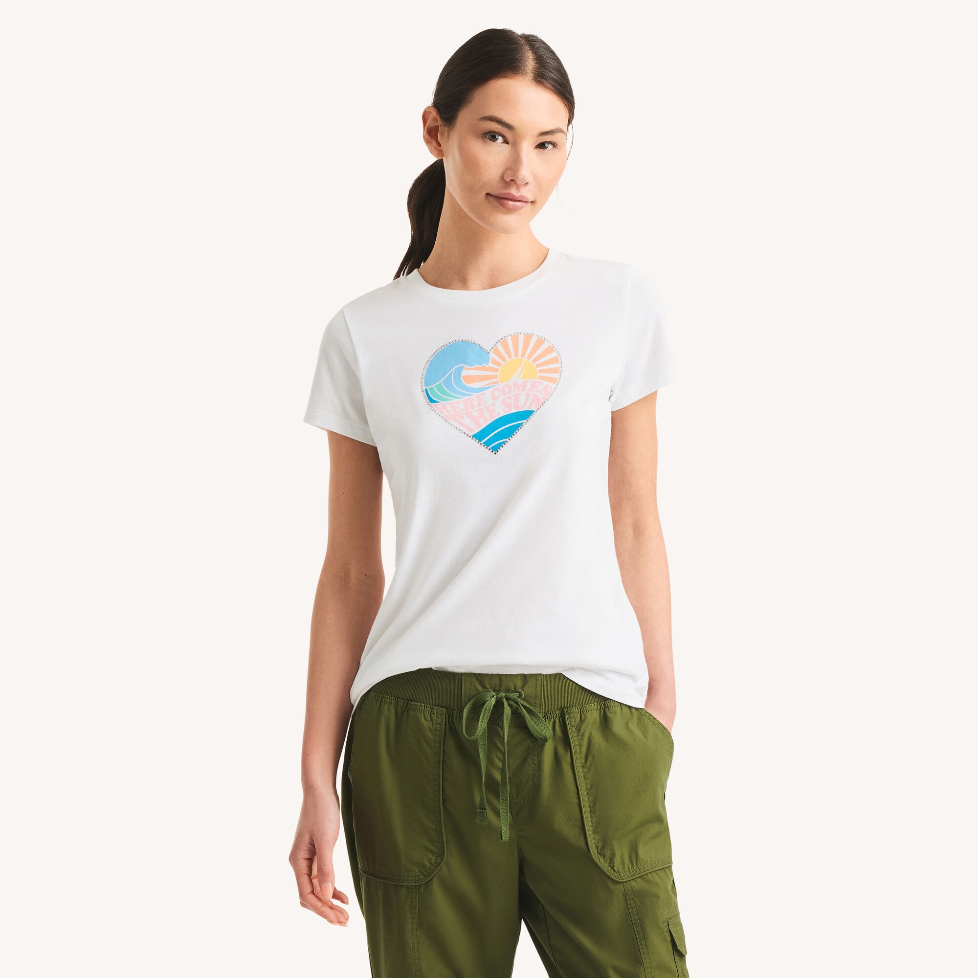 Nautica Women's Rhinestone Here Comes The Sun Graphic T-Shirt 101 (Bright White), XL