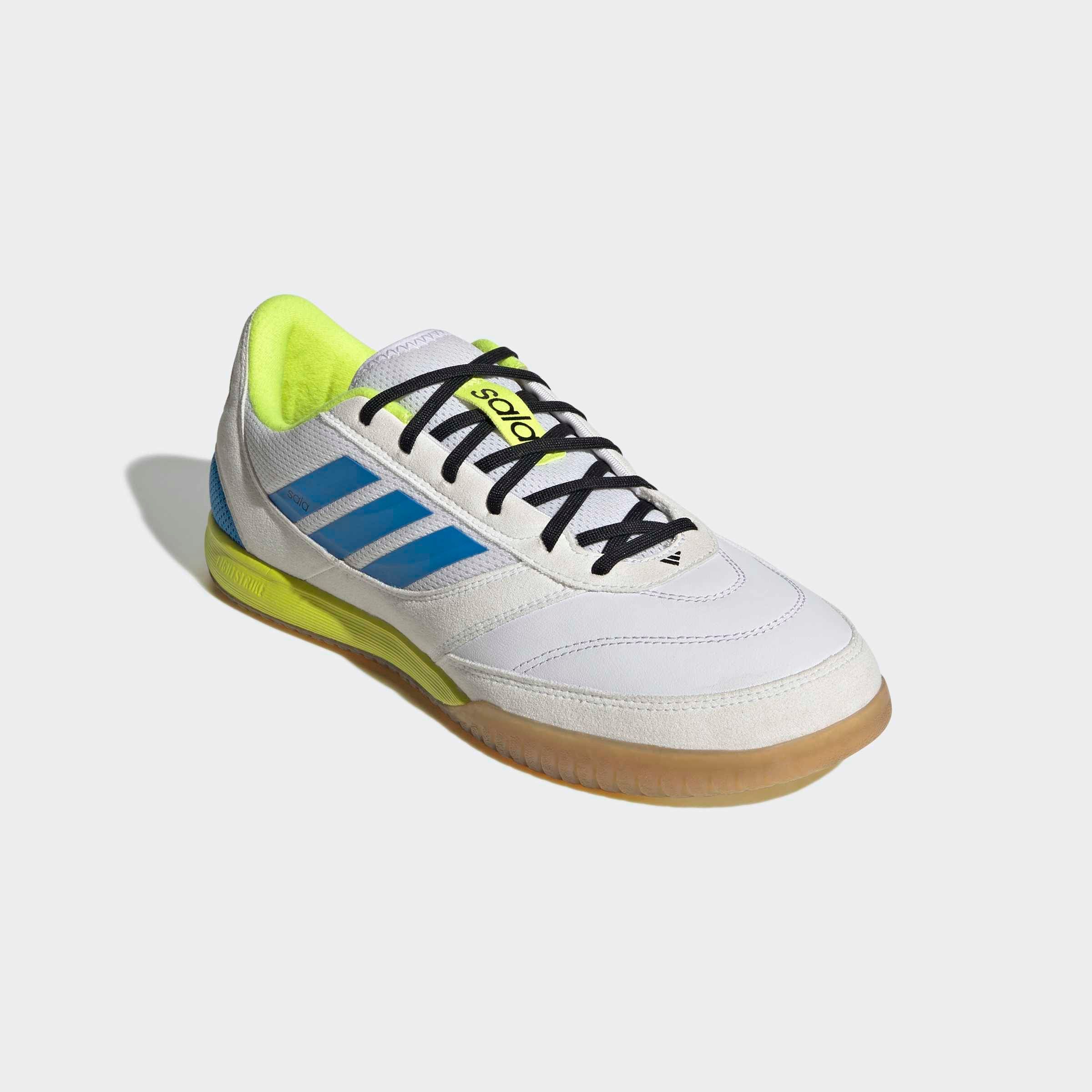 Fußballschuh ADIDAS PERFORMANCE "TOP SALA COMPETITION II INDOOR", Gr. 45, cloud weiß, lucid ray blau, solar gelb, Leder, Synthetik, Schuhe Fußballschuh, für Hallenboden