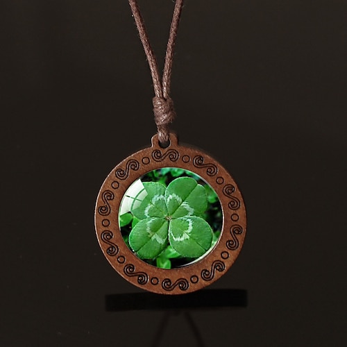 Collana retrò con trifoglio portafortuna - ciondolo portafortuna irlandese con ciondolo a forma di quadrifoglio, catena con cordino marrone, ciondolo unisex in legno resistente