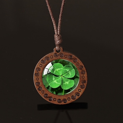 Collana retrò con trifoglio portafortuna - ciondolo portafortuna irlandese con ciondolo a forma di quadrifoglio, catena con cordino marrone, ciondolo unisex in legno resistente
