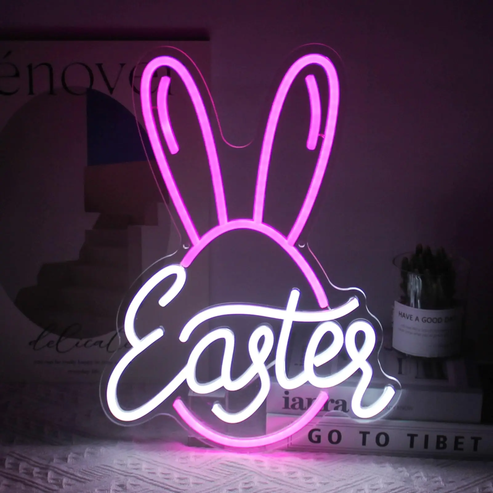 Osterhasen-Ei-Neonschild für Wanddekoration, rosa Hasenohren, LED-Leuchte für Wand, Schlafzimmer, Bar, Party, Kind, Geschenk, Urlaubsdekoration Image