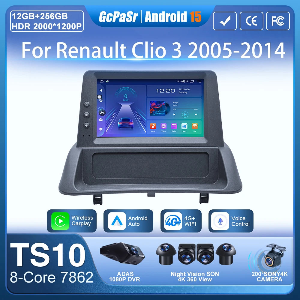 Auto Radio Carplay Für Renault Clio 3 2005-2014 Navigation GPS Android Auto Display 5G Wifi Keine 2din einheit Cam Video Display DVD BT Image