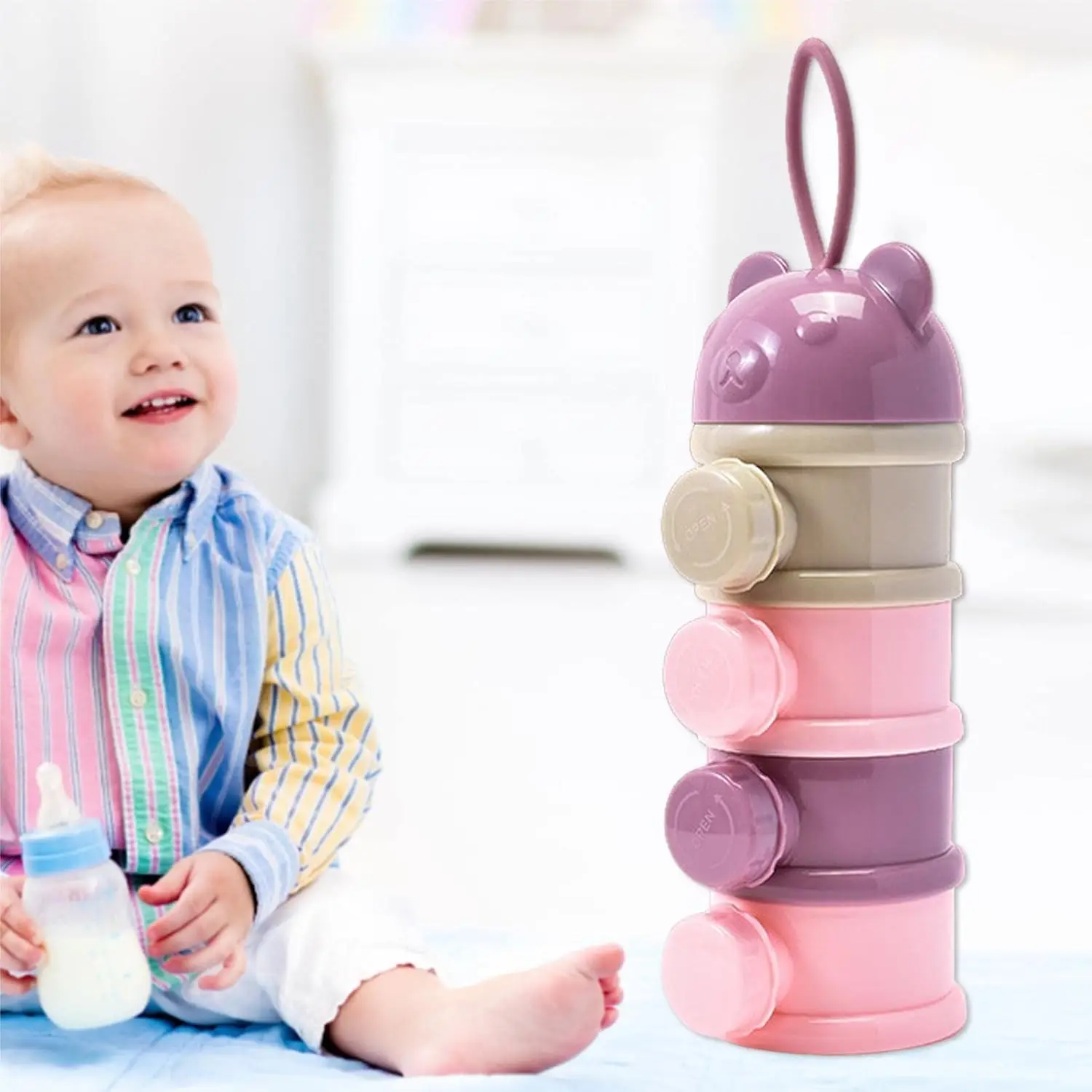 Baby-Milchkoffer, 3/4-lagig, stapelbar, tragbar, Milchpulverspender für Säuglinge mit gedrehtem Korn für nächtliche Stillende und Ausgehen Image