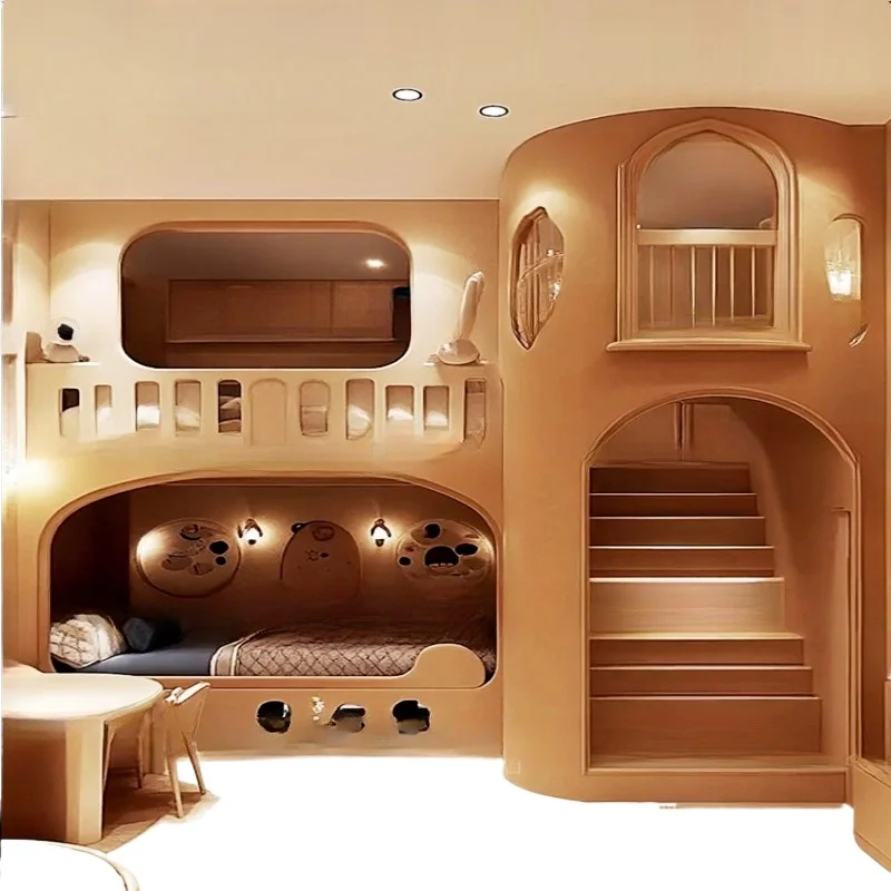 Windbaumhaus-Bett, Massivholz-Windwald-Bett, Treppen-Doppelbett im zweiten Stock Image