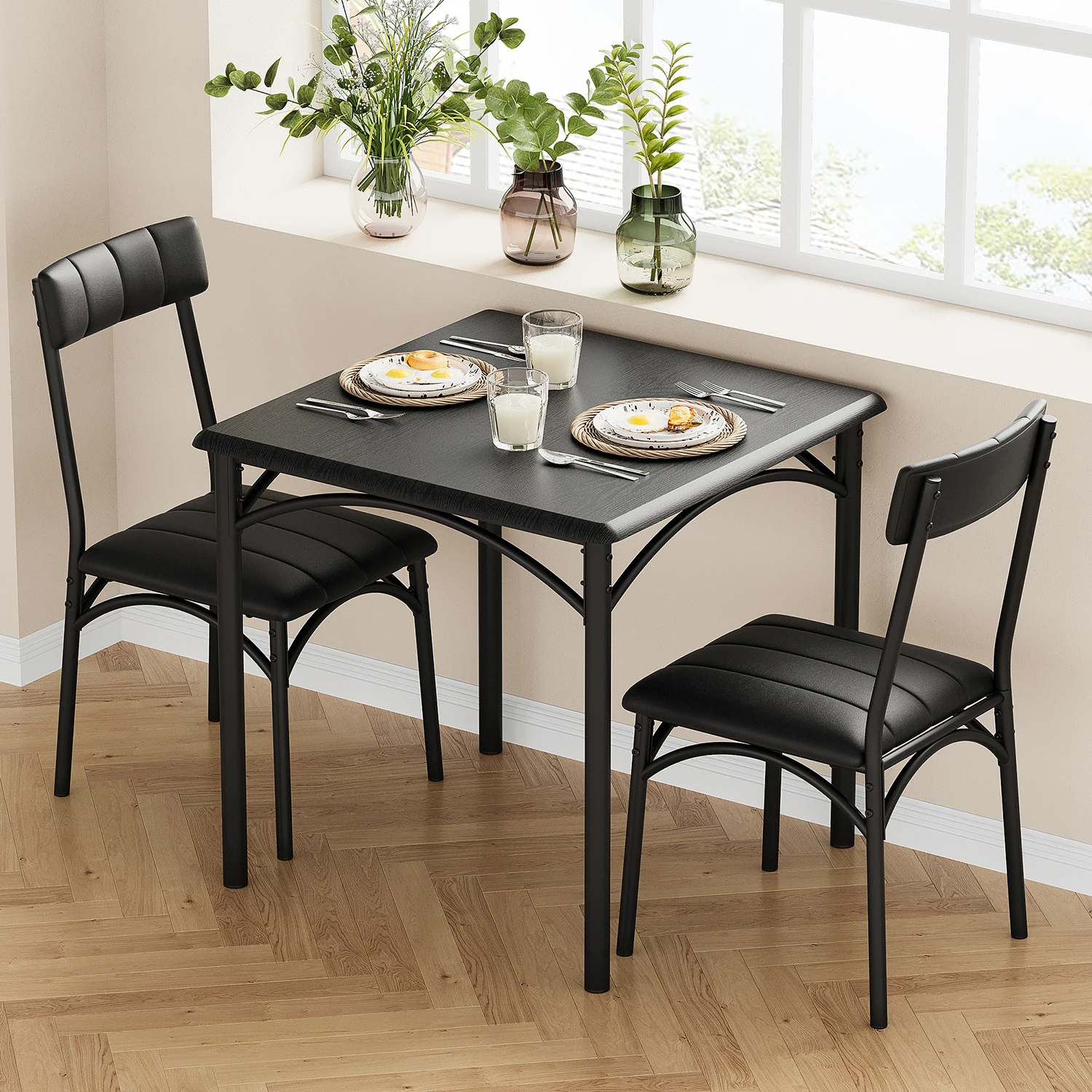 Set tavolo da pranzo da 3 pezzi Tavolo da cucina quadrato e set di sedie imbottite, tavolo con struttura in metallo/MDF per piccoli spazi, appartamento