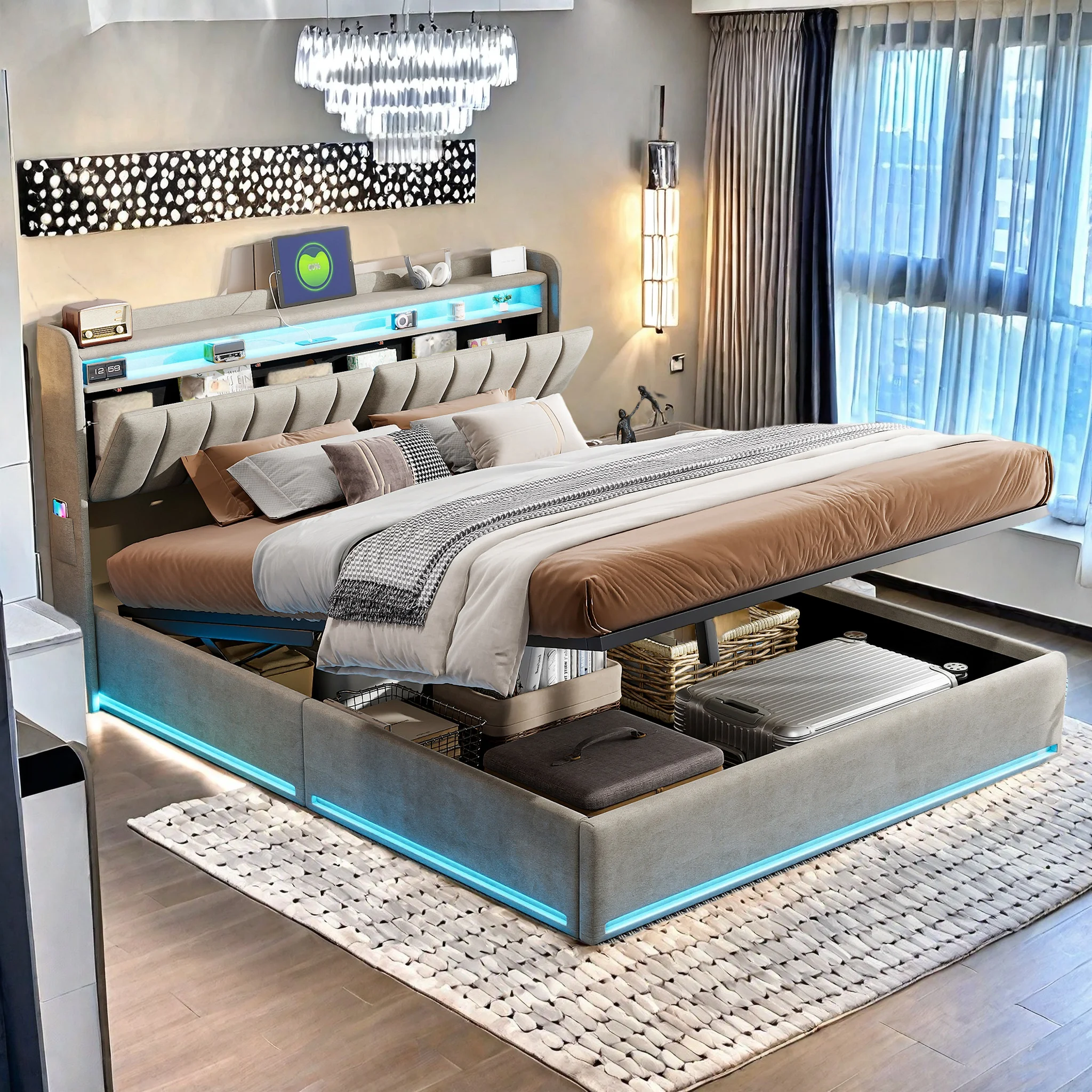 Bett 160×200, Doppelbett Polsterbett mit USB & LED, Hydraulisches Stauraumbett mit Stauraum Staufach Kopfteil, Bettgestell mit Lattenrost, Jugendbett Erwachsenenbett, Samt, Ohne Matratze, Grau Image