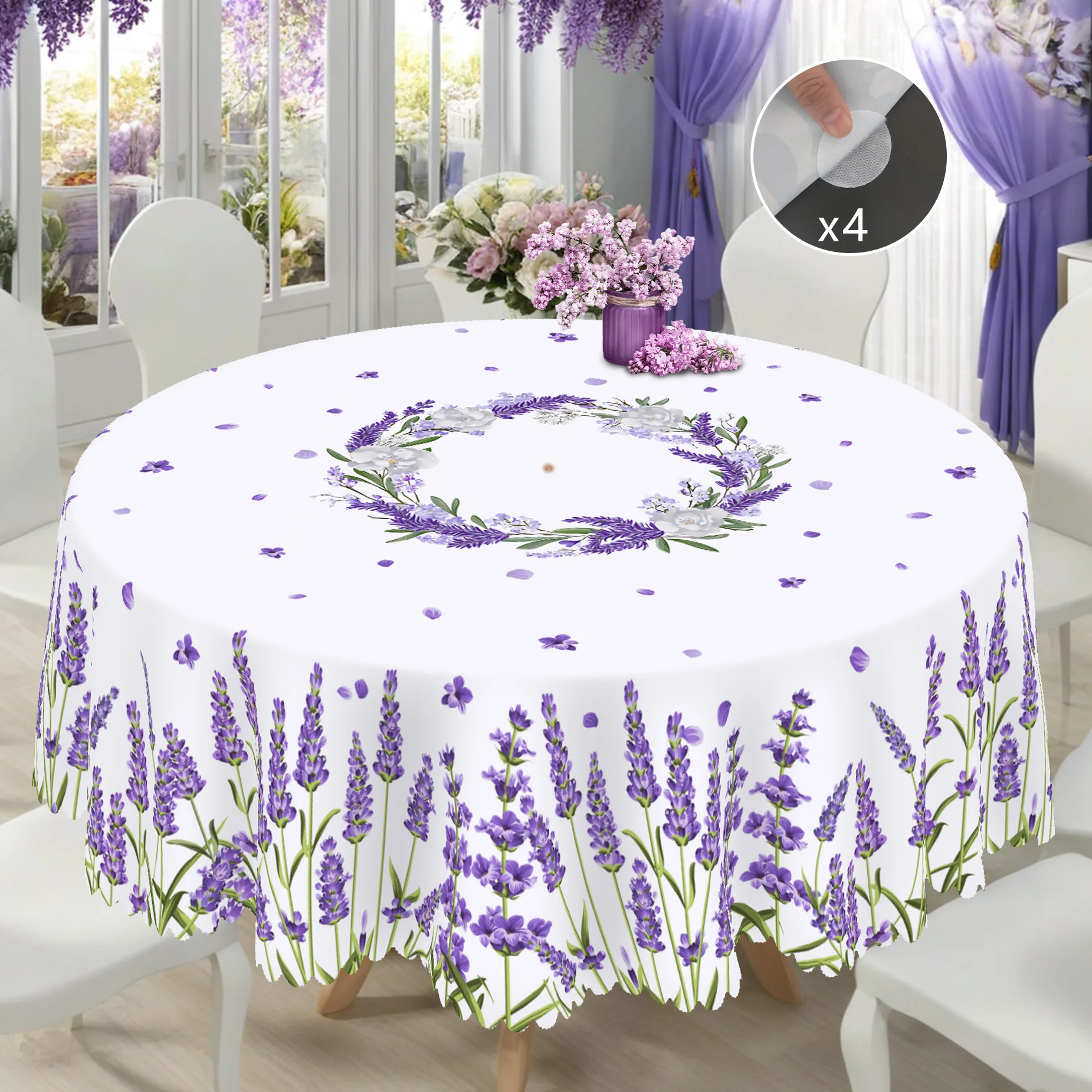 1-teilige runde Tischdecke mit lavendelfarbenem Frühlings- und Sommermuster, rechteckige Tischdecke mit Blumendruck, Party-Tischdecke, Heim-Tischdekoration, Tischdecke für die tägliche Heimküche, Image