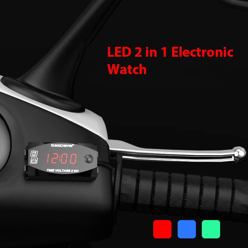 2 in 1 Universal Motorrad elektronische Uhr Voltmeter IP67 wasserdichte staub dichte LED-Uhr Digital anzeige Image