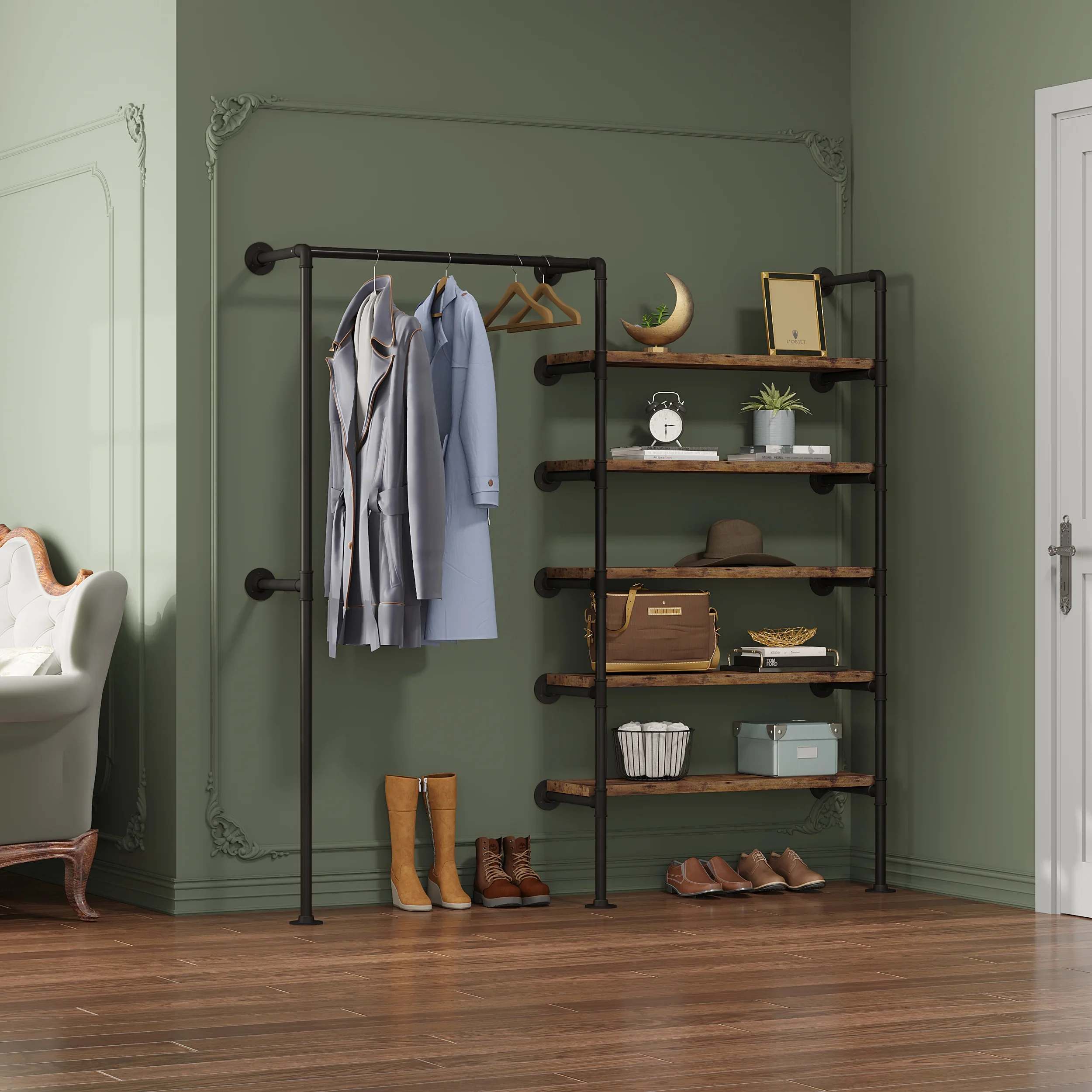 WOLTU Kleiderschrank Garderobe Vintage Industrie Kleiderständer Stahlrohr MDF Wandmontage Bekleidungsgeschäft Display Lagerregal