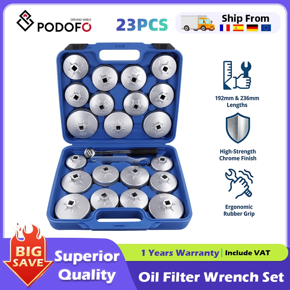 Podofo 23-teiliges Ölfilterschlüssel-Set, Aluminiumlegierung, Tassentyp, Ölfilter-Steckschlüssel-Set, 1/2 Zoll Antrieb, Werkzeug-Set zum Entfernen von Ölfiltern mit Box Image