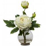 Nearly Natural Peony Artificial Flower Arrangement with Fluted Vase White