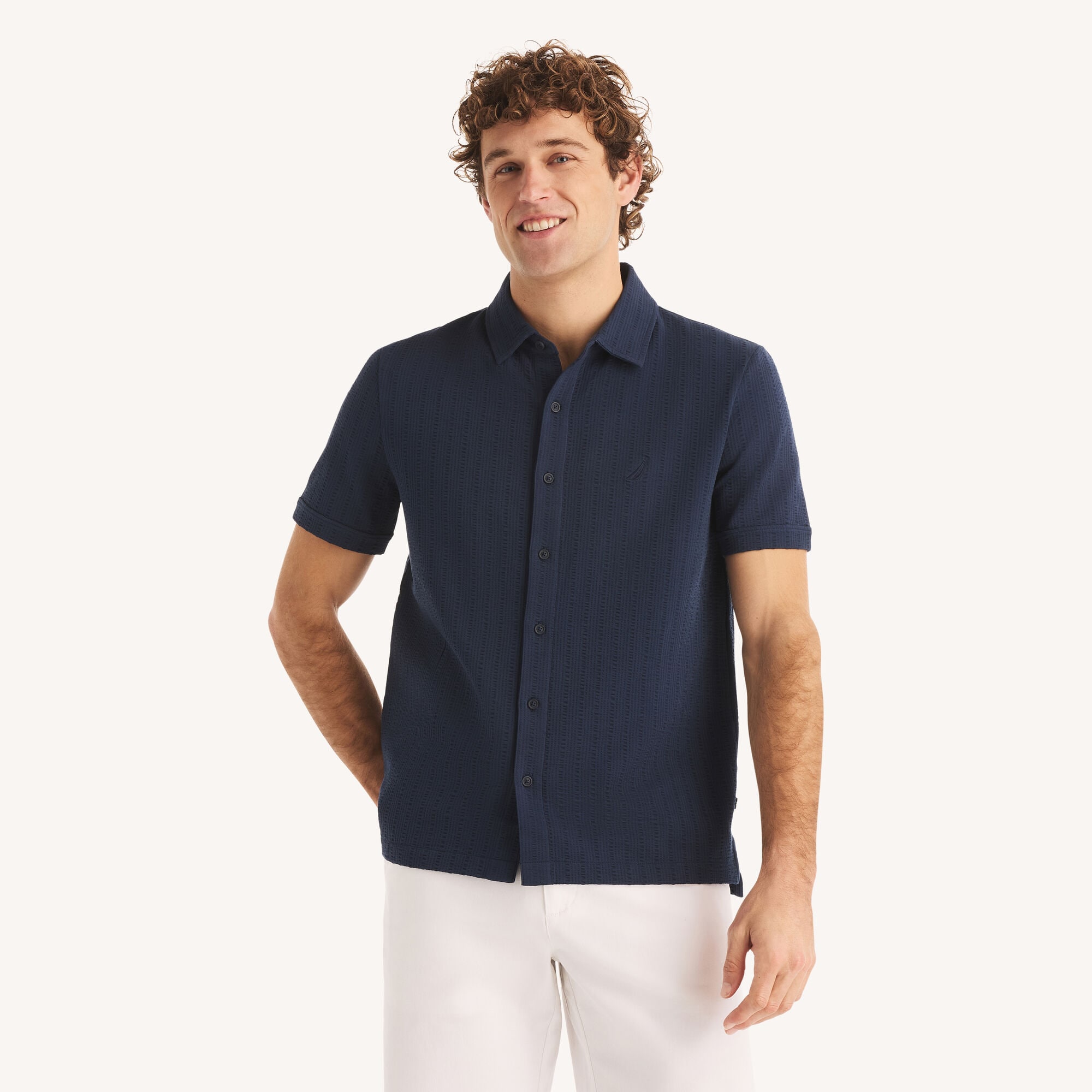 Nautica Men's Classic Fit Seersucker Button-Front Polo 482 (Stellar Blue Heather), XS