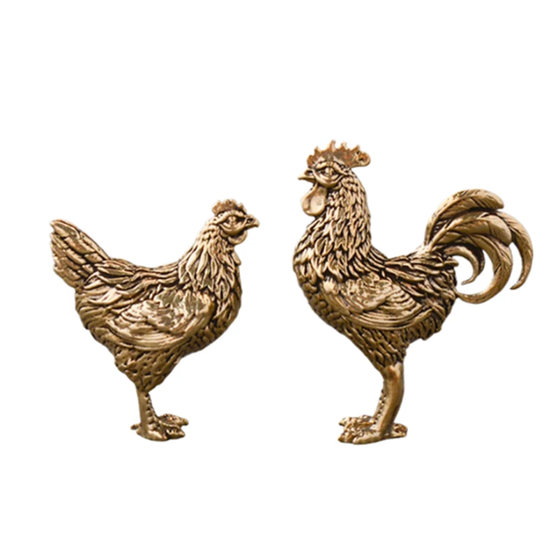 1/2PCS Glück Retro Hahn Und Henne Miniaturen Ornamente Solide Messing Hahn Kleine Statue Büro Desktop Ornamente Tee haustier Handwerk Image