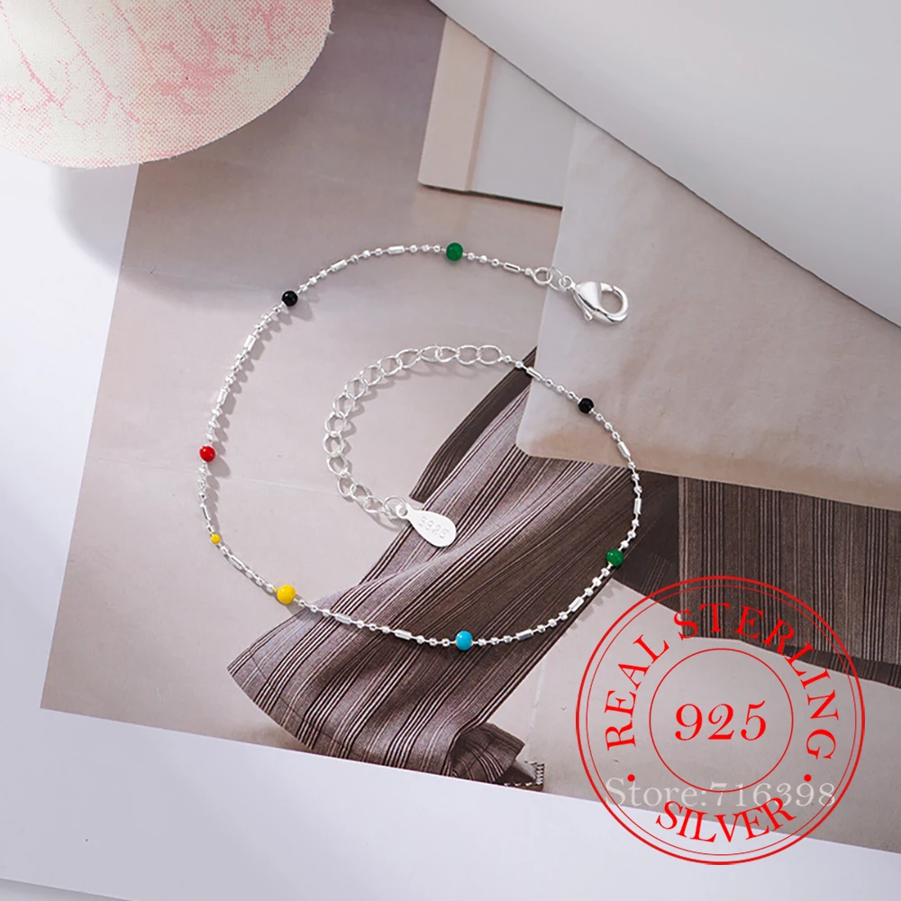 Echtes 925er-Sterlingsilber-Regenbogen-Bohnen-Armband für Damen, Kinder, Mädchen, Silber 925, Charm-Armbänder, Schmuck, Pulsera Homme Image