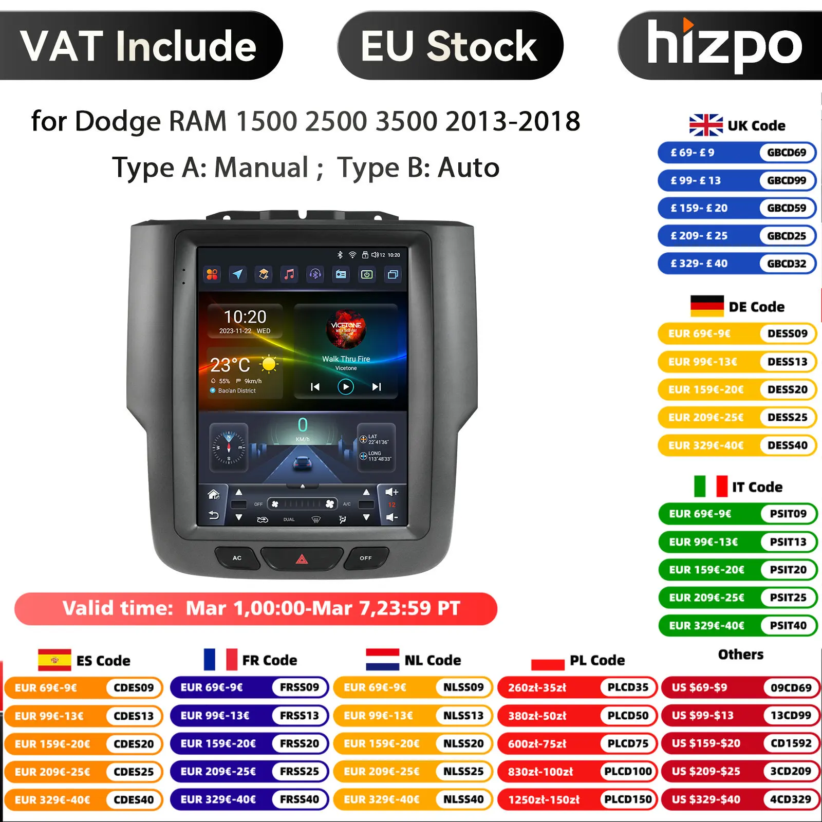 Hizpo 9,7 Android-Autoradio für Dodge RAM 1500 2500 3500 2013–2018, automatischer manueller AC-Multimedia-Player, Carplay-Video, 4G Image