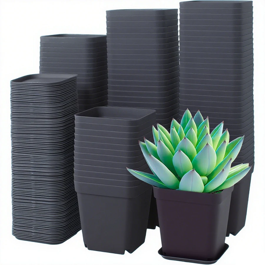 10 Stück 7 cm schwarze quadratische Blumentöpfe mit Tablett, Sukkulente, Kindergarten, Topf, Heimbüro, Desktop, Gartenarbeit, Balkon, Dekoration Image