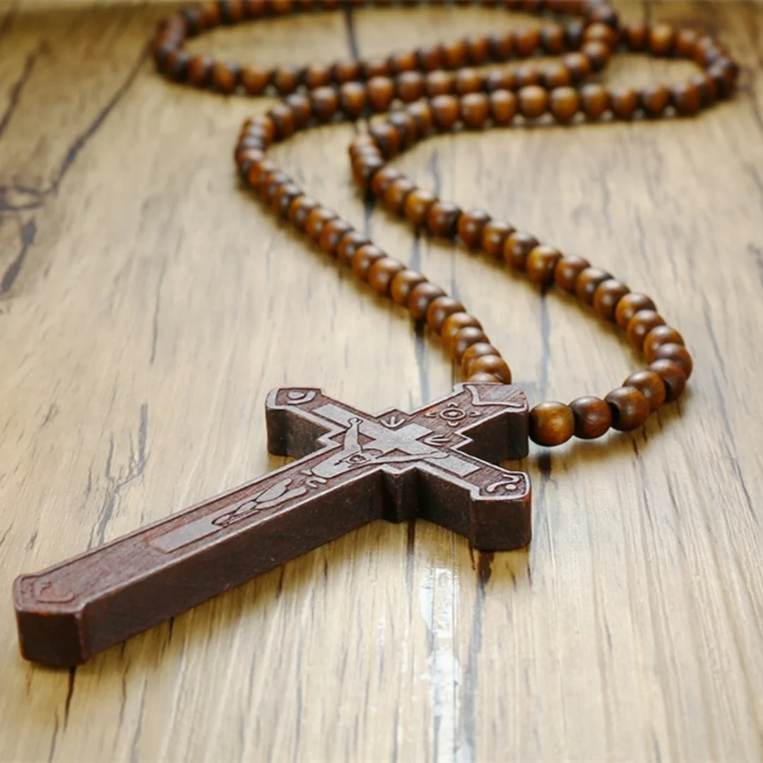 Rosenkranz-Halskette, großer Holz-Jesus-Christus-Kreuz-Anhänger mit Holzperlen, Pullover-Kette, Schmuck, Geschenk für Papa, Freund, Valentinstag Image