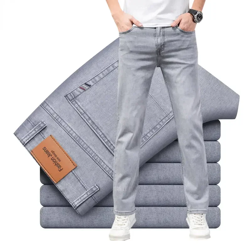 2024 Marke Dünnes oder Dickes Material Gerade Baumwolle Stretch Denim Herren Business Casual Hohe Taille Hellgrau Blau Jeans Image