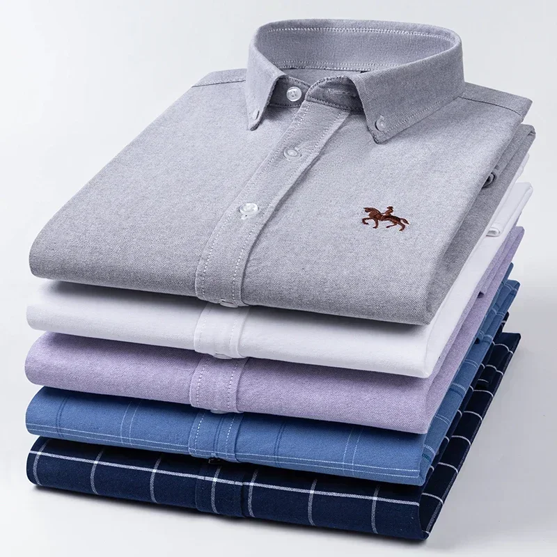 2025 100% Baumwolle Männer Hemd Floral Langarm Casual Plus Größe Dicke Oxford Mann Gestickte Pferd Shirts Streetwear Übergroßen Image