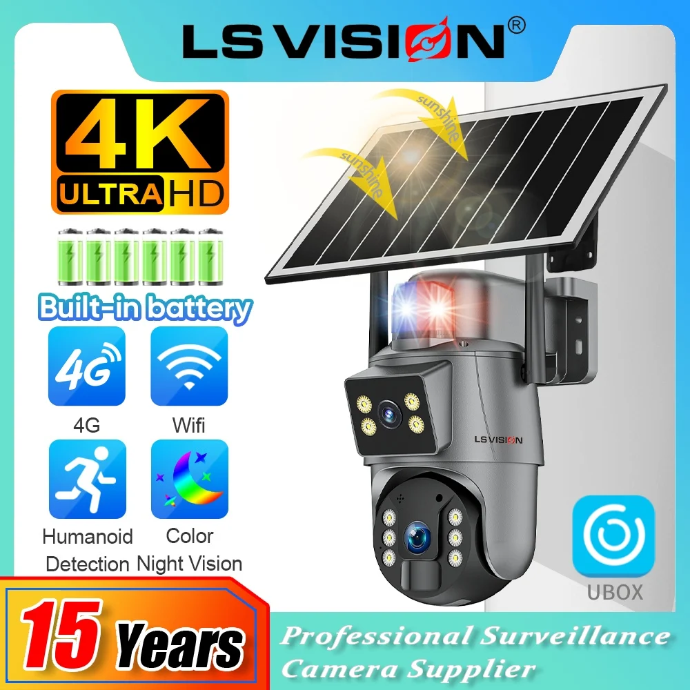 LS VISION Ubox 8MP 4G SIM Solarkamera Wireless Wifi Outdoor Dual Screen 4K Human Detect Auto Tracking 360 ° Überwachungskameras Image