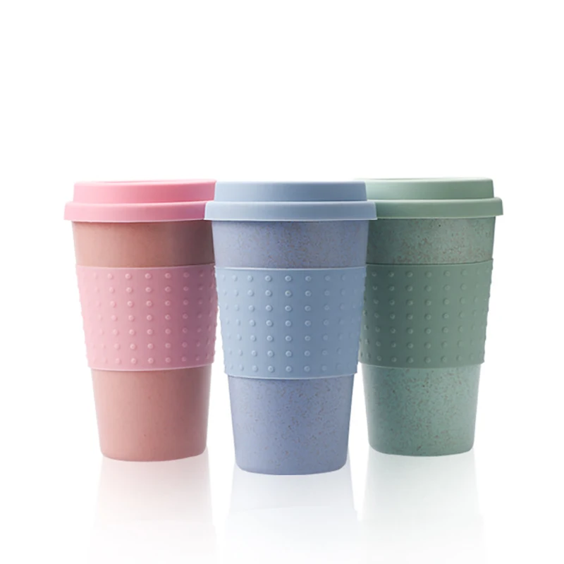 Europäischer Stil Weizenstrohfaser-Wassertasse, automontierter Silikon-Kaffeebecher, personalisierter Kunststoffbecher mit Deckel Image
