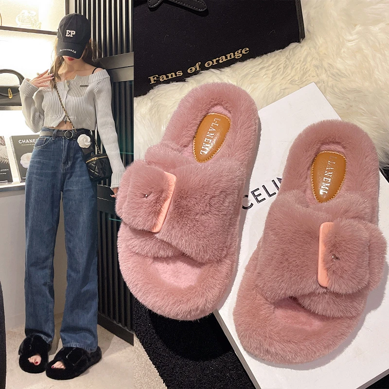 Damenmode Flache Flauschige Hausschuhe Winter Neue Runde Kopf Offene spitze Wildleder Warme Bequeme Baumwolle Drag Image