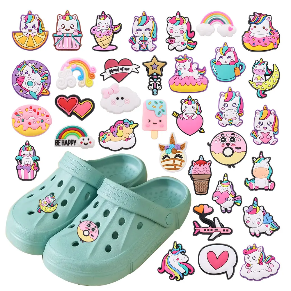 34 teile/satz Cartoon Einhorn Donut PVC Schnalle Fit Armbänder DIY schuh Charms Dekorationen Loch Kinder Schuhe Ornamente
