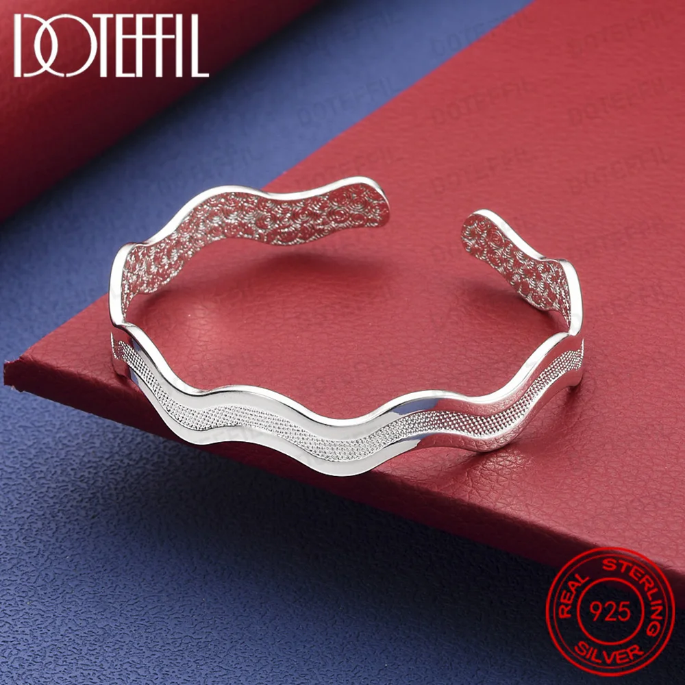 925 Sterling Silver Wave Open Bangle for Women Wedding Party Jewelry Accessories