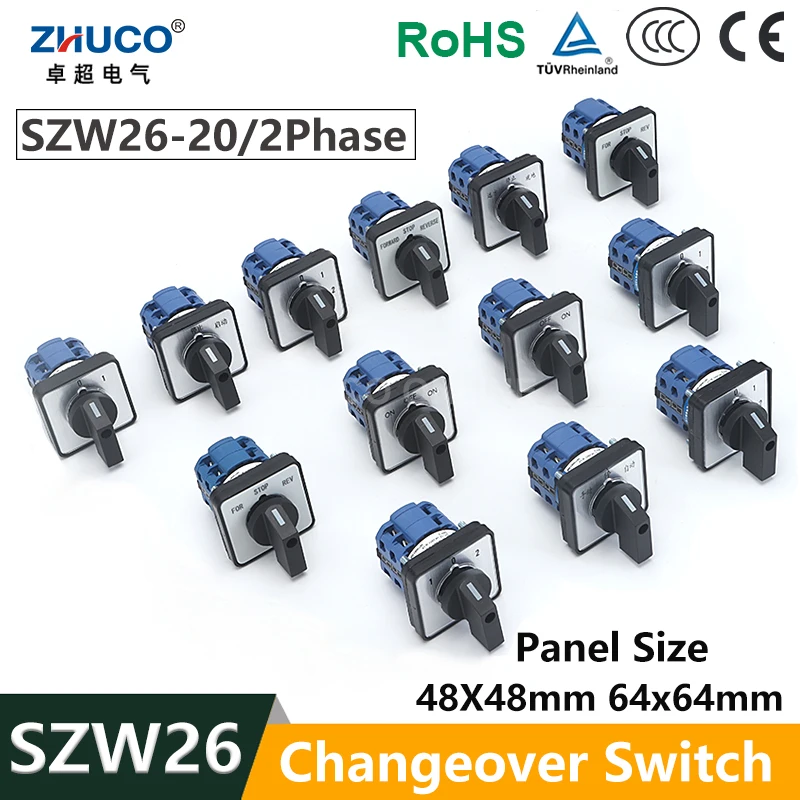 ZHUCO SZW26/LW26-20 64 x 64 mm 48 x 48 mm, Schalttafelmontage, 20 A, 660 V, 2 Phasen, 8 Schrauben, Netzknopf-Auswahl, Nocken-Drehschalter Image