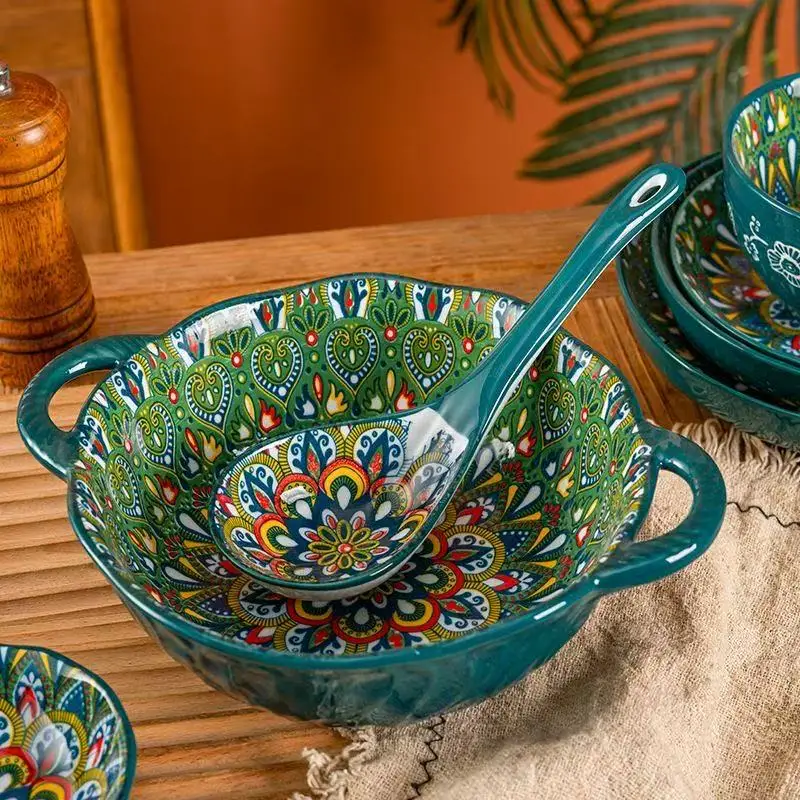 8in Ceramic Soup Bowl Double-Ear Soup Bowl Household Good-looking Salad Large Bowl Popular Restaurant Tableware Ramen Soup Bowl