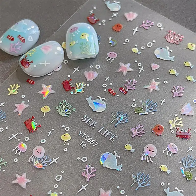 1 Blatt Nail Art Aufkleber 5D Bunte Seestern Muschel Qualle Korallen Gelee Abziehbilder Dekoration Nail Art Charms DIY Maniküre Salon Image