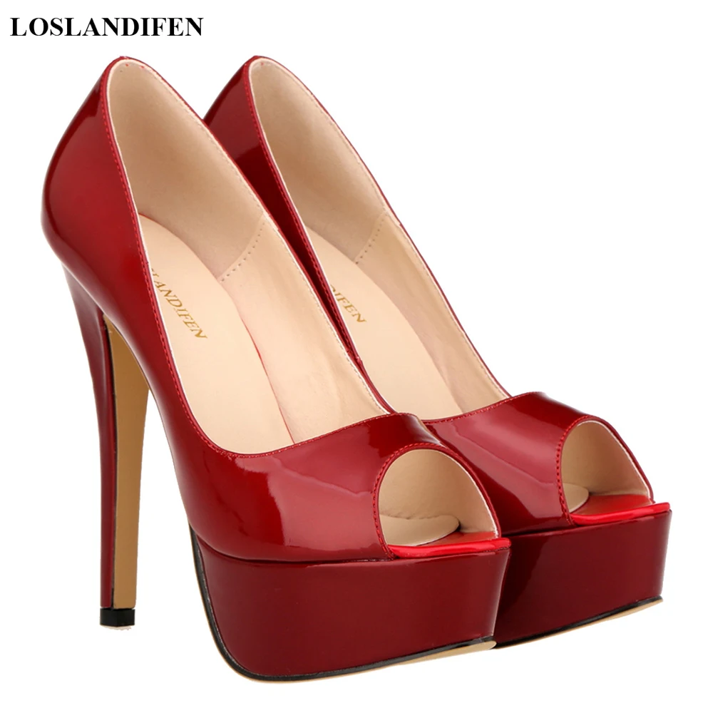 LOSLANDIFEN Schuhe Frauen Patent Leder Schwarz Blau Rot Stiletto Heels Pumps Hochzeit Sexy Plattform Damen Peep Toe Party Schuh 2025