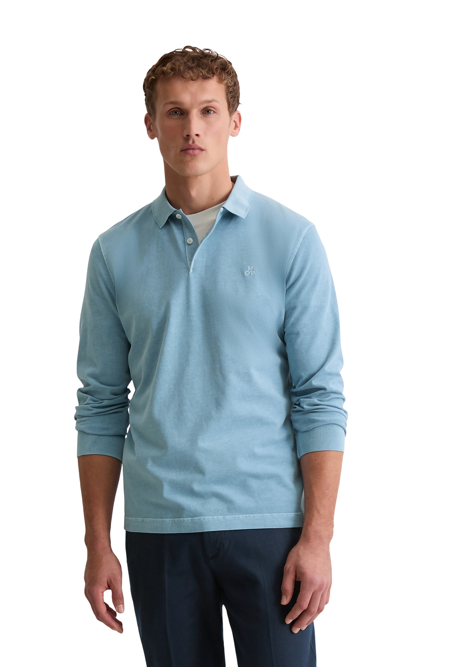 Langarm-Poloshirt MARC O'POLO "aus soft-touch Bio-Baumwoll-Jersey", Damen, Gr. XL, blau dawn, Obermaterial: 100% Baumwolle, unifarben, regular fit, Shirts