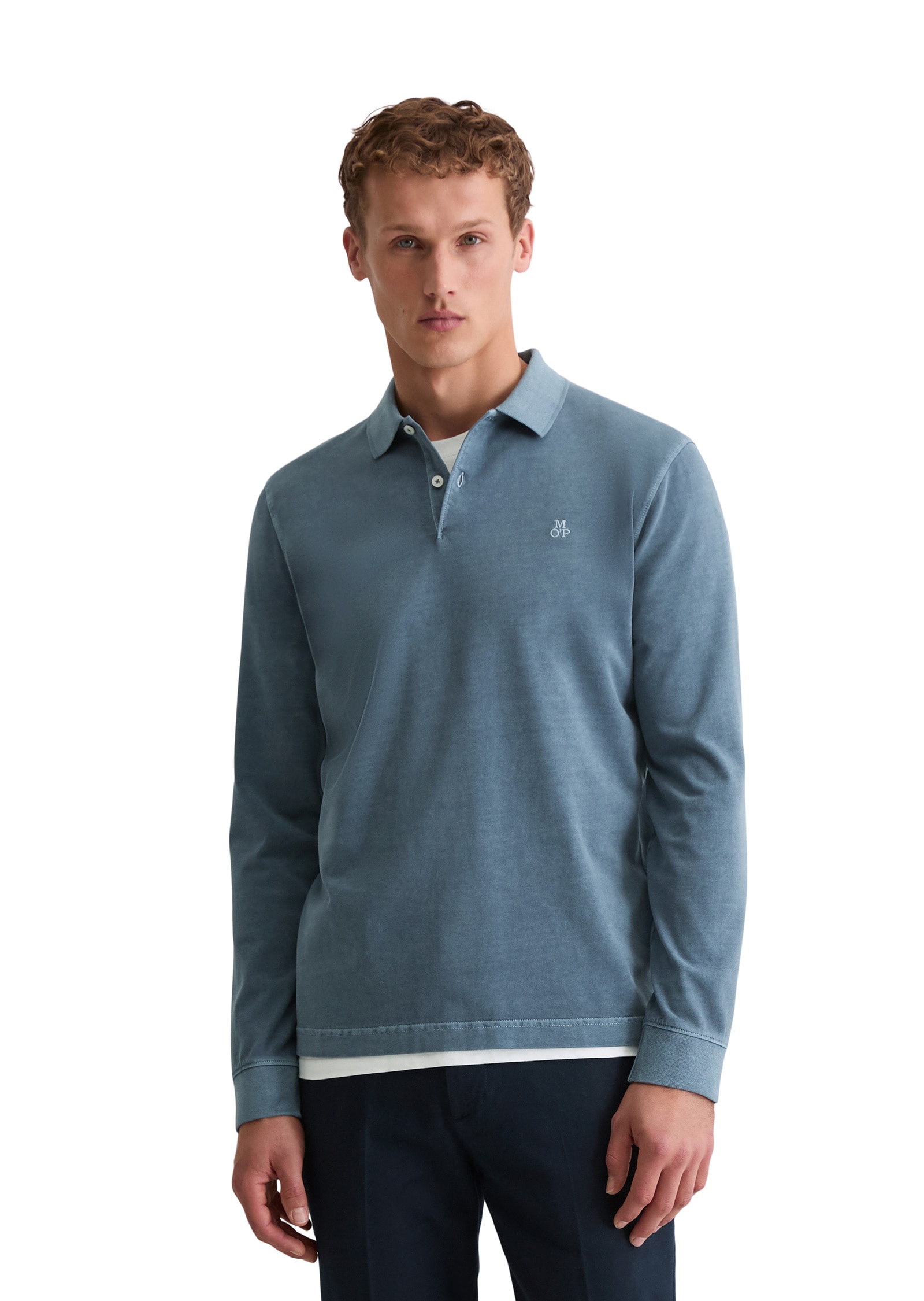 Langarm-Poloshirt MARC O'POLO "aus soft-touch Bio-Baumwoll-Jersey", Herren, Gr. M, stormy blau, Obermaterial: 100% Baumwolle, unifarben, regular fit, Shirts