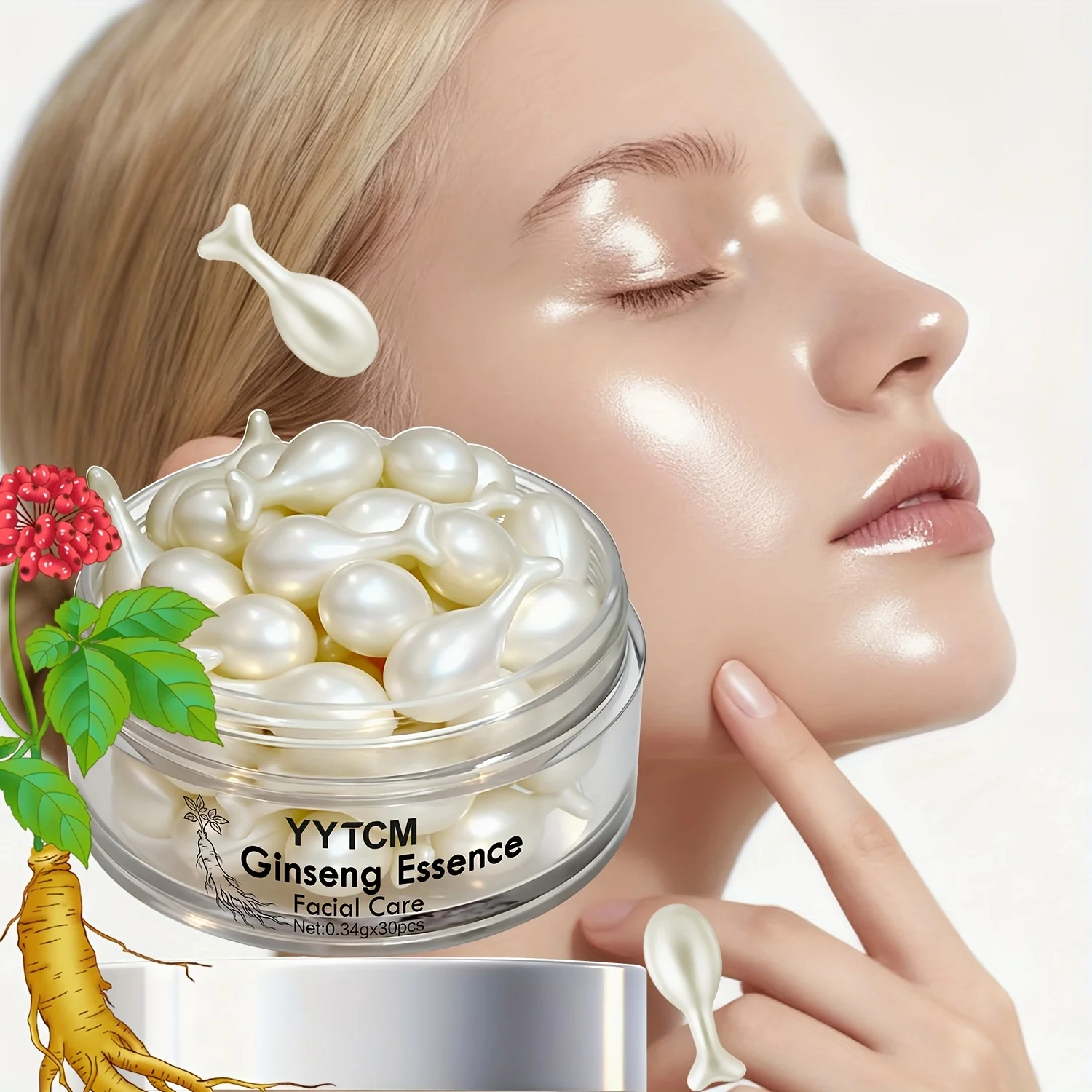 Ginseng-Essenz-Kapseln, Feuchtigkeitsspendendes und Straffendes Essenz-Serum, Enthält Squalan, Niacinamid, Vitamin E, Retinol, Tiefenwirksame Hydratation (0,34Gx30 Kapseln)/Flasche-1 Flasche Image