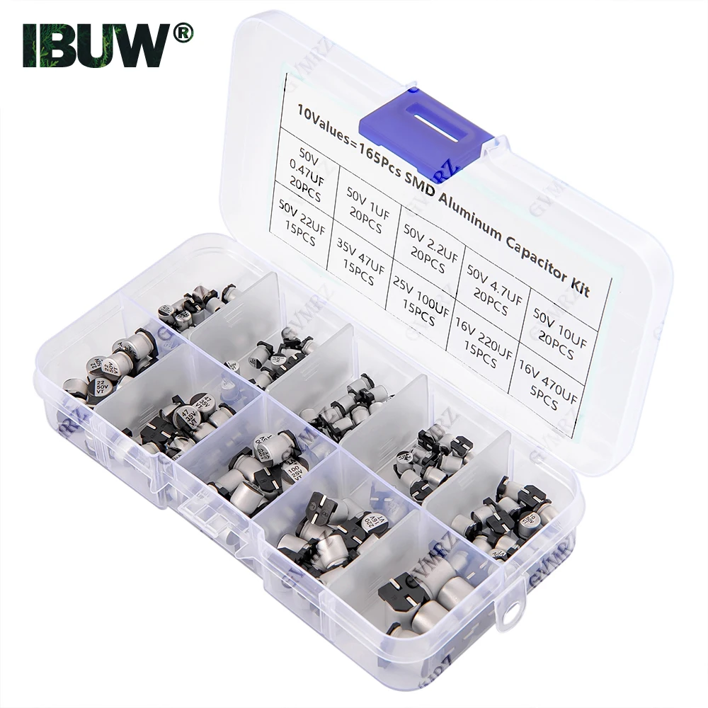 165 Stück 10 Werte SMD-Aluminium-Elektrolytkondensator-Probenbox – sortiertes Kit für Elektronik-DIY-Reparaturprojekte Image