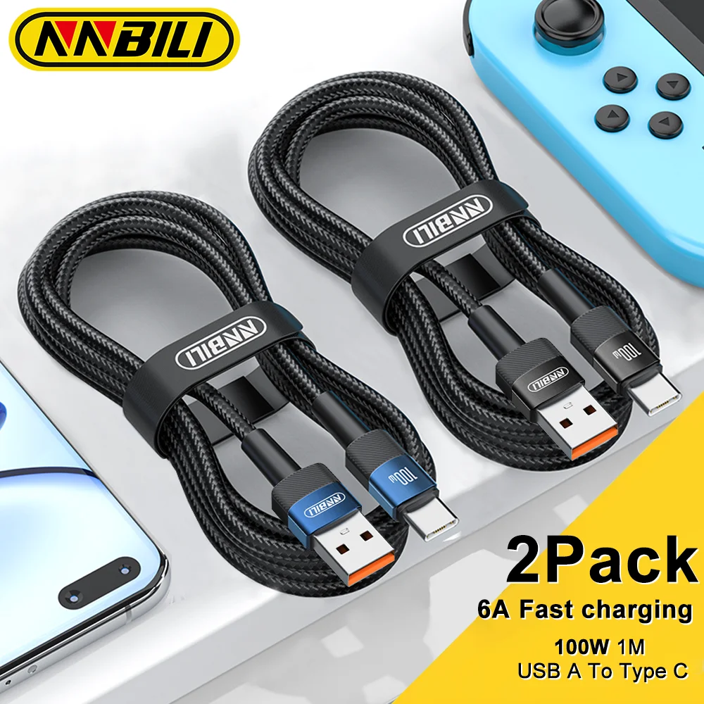 NNBILI 2er-Pack 6A 100W USB-auf-Typ-C-Kabel für Huawei Xiaomi Schnellladegerät USB-Kabel Schnellladung für Samsung Honor 1M Image