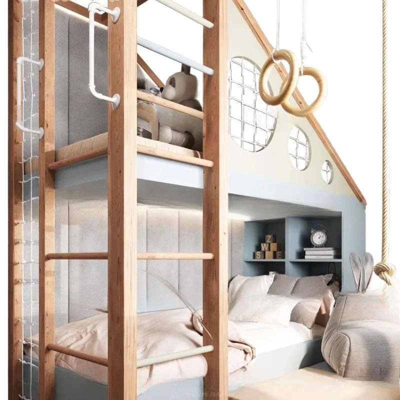 Kinderzimmer Spielhaus Loft Etagenbett Be D Schrägdecke Massivholz hoch und niedrig B Ed mit Klettern Image