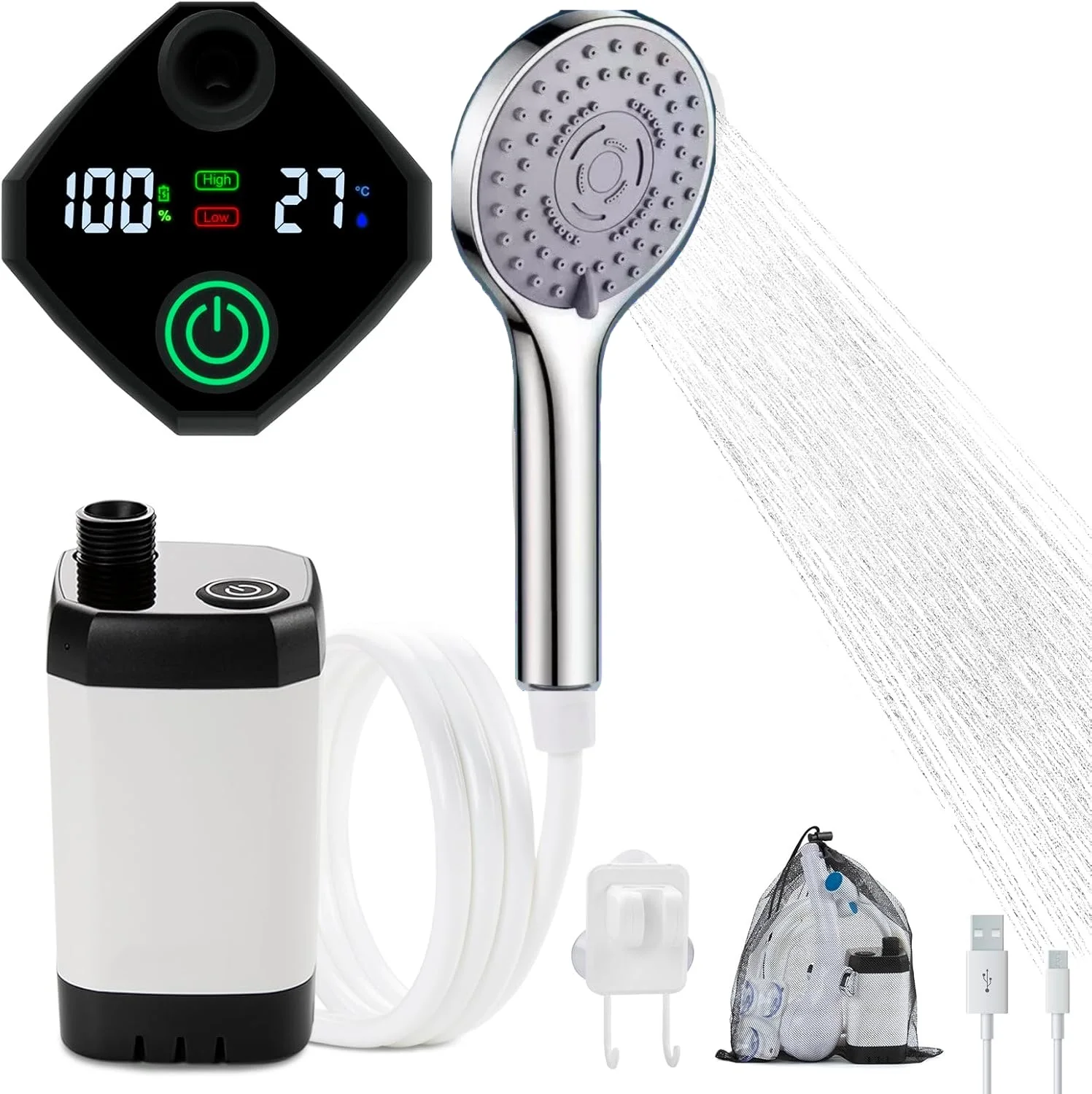 2026 Neue tragbare Campingdusche, 6000 mAh wiederaufladbare Camping-Duschpumpe mit LED-Anzeige, 2-Modus-elektrische tragbare Dusche, geeignet für Camping, Wandern, Reisen, Waschen usw., für