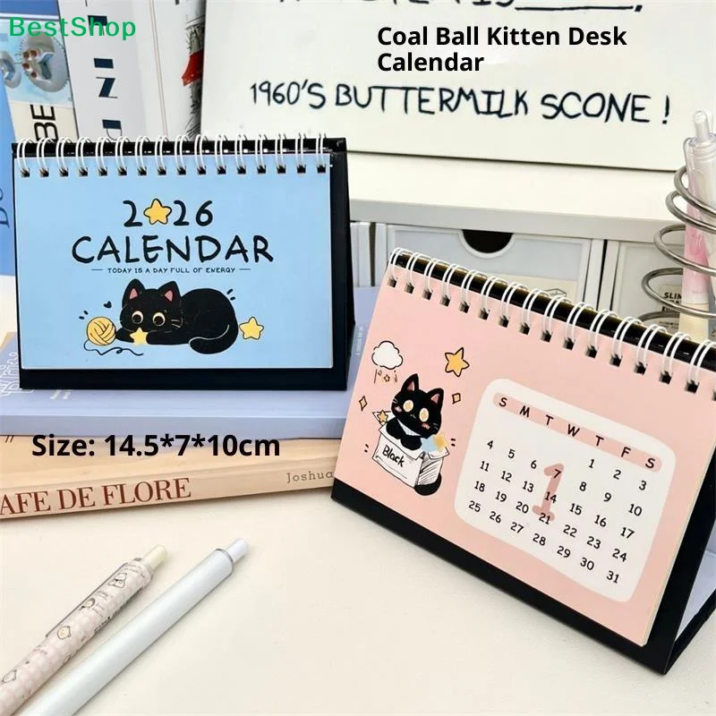  2026 Kohleball-Kätzchen-Tischkalender, schwarzer Tischkalender mit Katzenmotiv, Kawaii-Tischplaner mit bezaubernden Katzenillustrationen Image