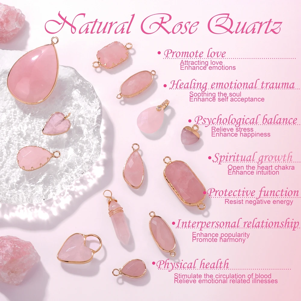 2 Stück natürlicher Rosenquarz-Kristall-Anhänger, Liebe und Gelassenheit, Heilung, Harmonie und herzzentrierter Energie-Charm-Anhänger Image