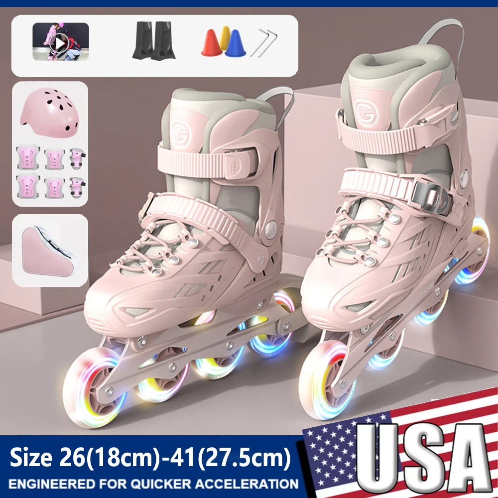 Flash Inline-Rollschuhe mit Helm, Ellenbogen und Knieschützern, Schuhtaschen-Set für Jungen und Mädchen, verstellbare Skateschuhe, 4-Räder-Turnschuhe