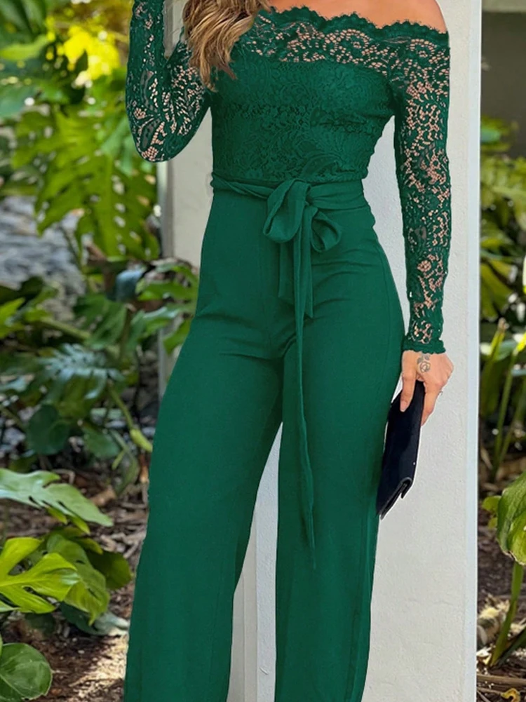 Elegante Feste Hohe Taille Strampler Mode One-schulter Spitze Rand Schlank Overalls Casual Aushöhlen Langarm frauen playsuits