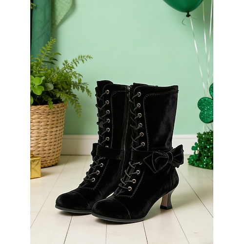 Damen-Schnürstiefel aus waldgrünem Samt – elegante Stiefeletten mit Kitten-Heel und Schleifendetail für Veranstaltungen zum St. Patrick's Day und Winterfeste Image