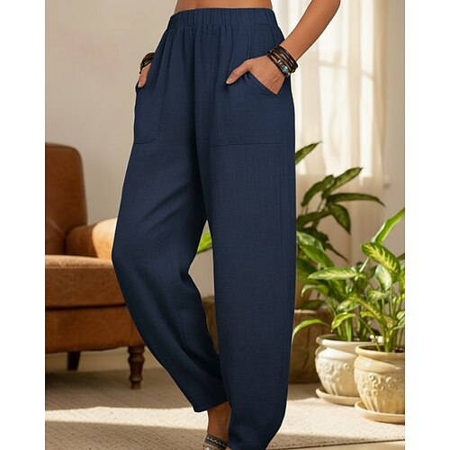 Damen Hose aus Baumwollleinen Chinos Haremshose Streetwear Lässig Volle Länge Mittlere Taillenlinie Blumen Einfach Tasche Elastischer Bund Bequem Komfort Unelastisch Täglich Outdoor Straße Schwarz Image