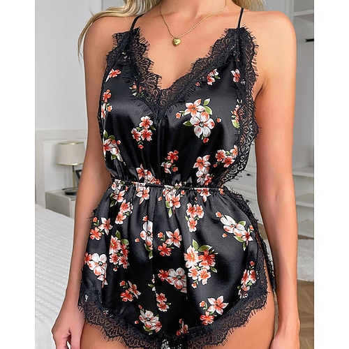 Damen Schlafanzug Onesie Sexy Lässig Weich Blumen Spitze Rückenfrei Täglich Heim Bett Ärmellos Neckholder Schwarz Weiß Gelb Rosa Wein Sommer Schmale Passform Image