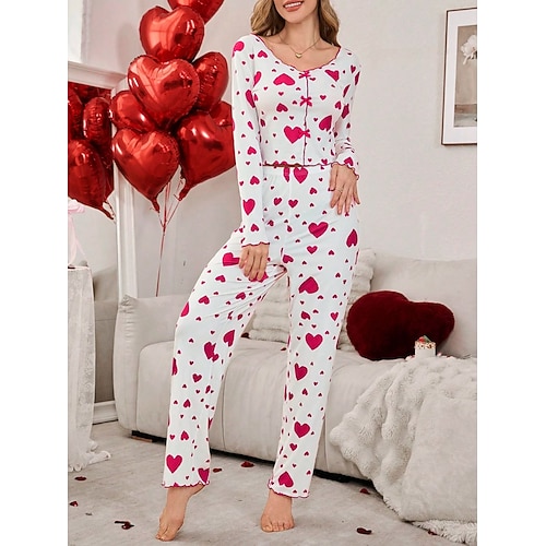 Damen Schlafanzug Set Lässig Komfort Herz Elastischer Bund Hose Täglich Heim Langarm Quadrathals Blau Schwarz Rosa Rote Purpur Sommer Frühling Normale Passform Image