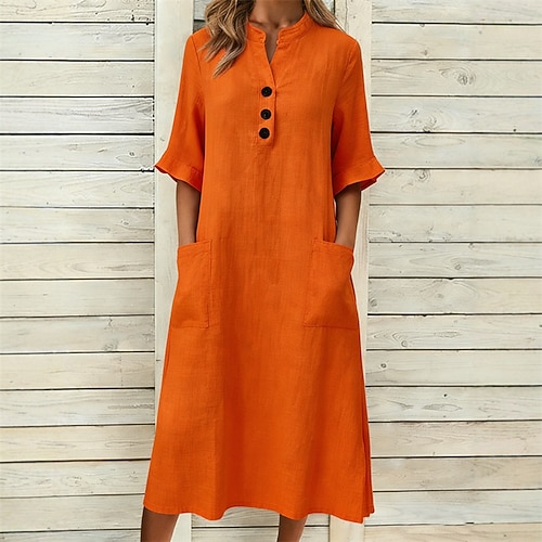 Damen Midikleid Baumwoll-Leinen-Kleider Shiftkleid schwarzes kleid Elegantes Kleid Elegant Vintage Mode Täglich Outdoor Urlaub Lässiger Schnitt Einfach Langarm Stehkragen Blau Schwarz Purpur Orange Image